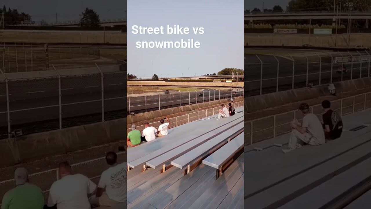 street bike vs racing snowmobile on drag strip. Portland international raceway