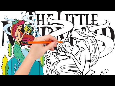 How to draw Princess Ariel and Flounder, a colored tropical fish - The Little Mermaid
