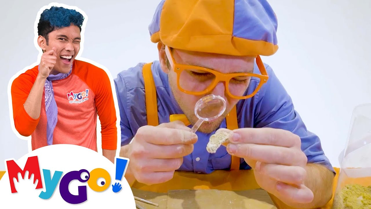 Blippi Examines Dino Fossils! Blippi MyGo! Sign Language Dinosaur