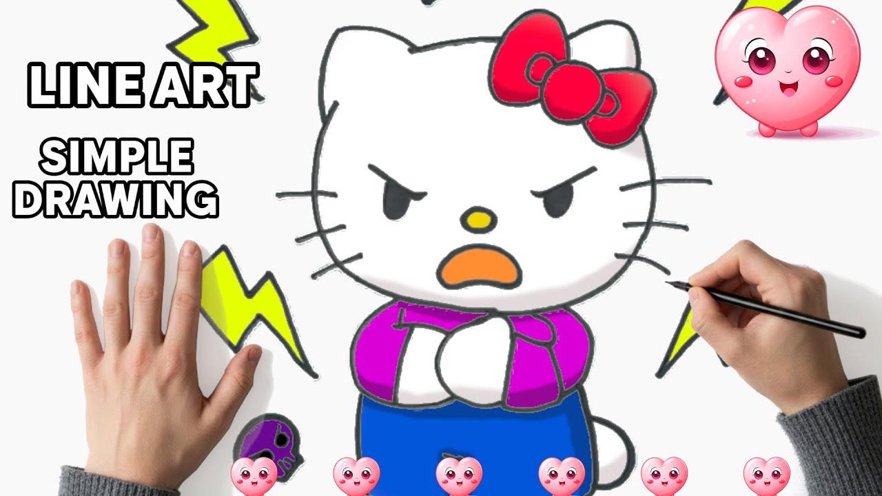 Drawing Angry Hello Kitty | Simple Line Art & Color Result