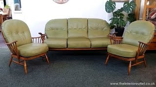 Vintage Ercol Windsor Sofa & 2 Windsor Armchairs - Upholstered in Green Leather