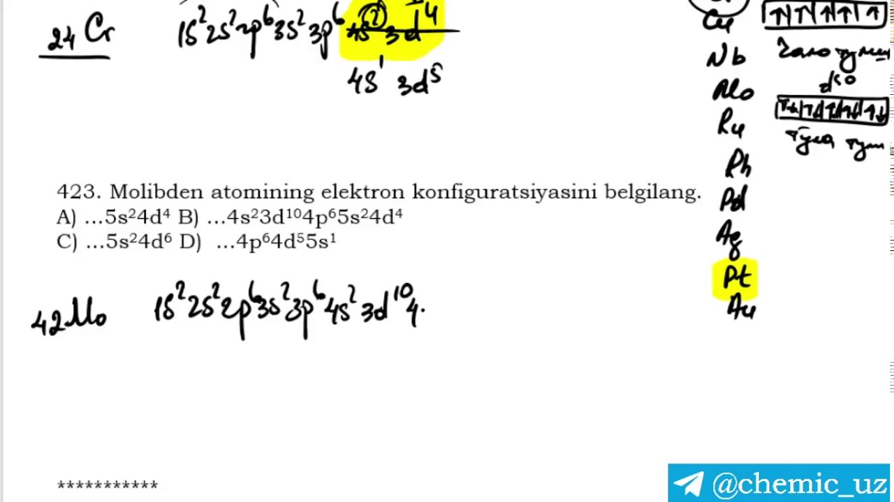 Elektron konfiguratsiyaga doir DTM testlaridan namunaviy masalalar taxlili