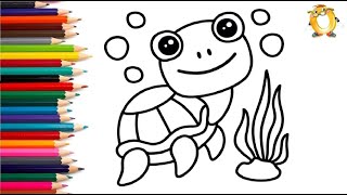 How to draw a turtle. Coloring page/Drawing and painting for kids. Learn colors.