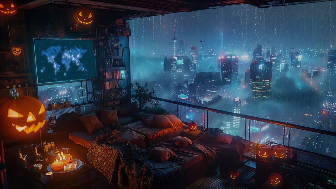 A Tranquil Balcony Overlooking a Neon City | Rain and Ambient Sounds for Deep Relaxation or Sleep 😪