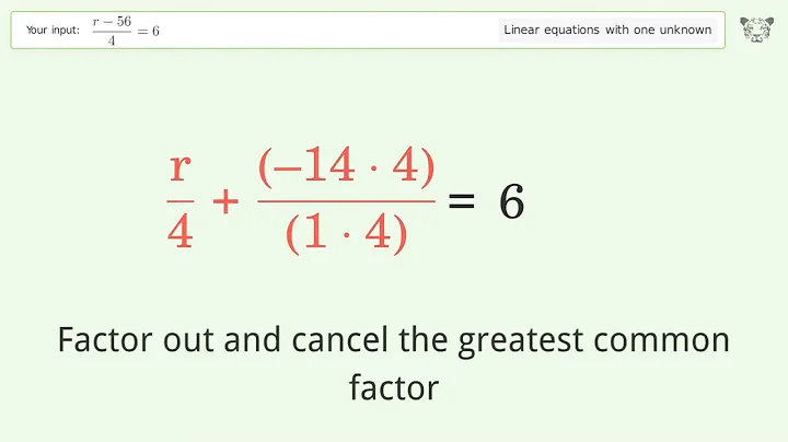 Linear equation with one unknown: Solve (r-56)/4=6 step-by-step solution