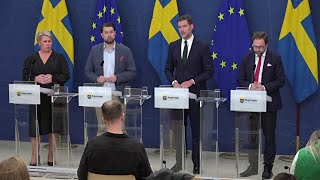 Pressträff med Johan Forssell, Jimmie Åkesson, Camilla Brodin och Fredrik Malm