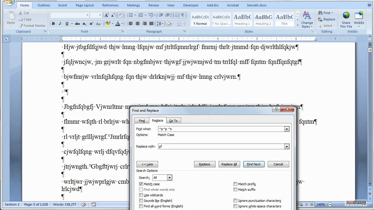 microsoft word find and replace carriage return