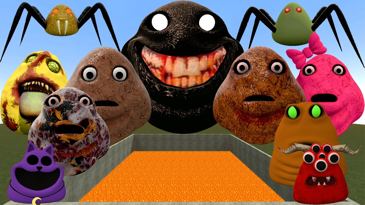 🌋LAVA POOL ALL POU BOU ARMY and SPRUNKI POU, SPIDER and GIRL BOU SPARTAN KICKING in GMod