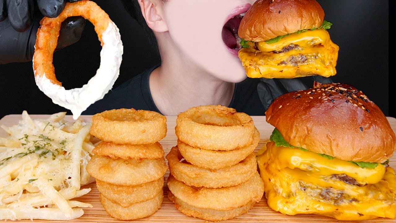 ASMR CHEESEBURGER ONION RINGS FRIES MUKBANG 咀嚼音 大食い チーズバーガー オニオンリング フライドポテト치즈버거 어니언링 먹방EATING SOUNDS