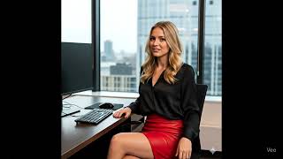 Blonde Girl Teasing In Office In Satin Blouse