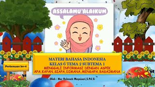 Materi kelas 6 tema 2 subtema 1 muatan bahasa indonesia menggali
informasi dengan aspek apa, siapa, kapan, dimana, mengapa dan
bagaimana fungsi kata tanya je...