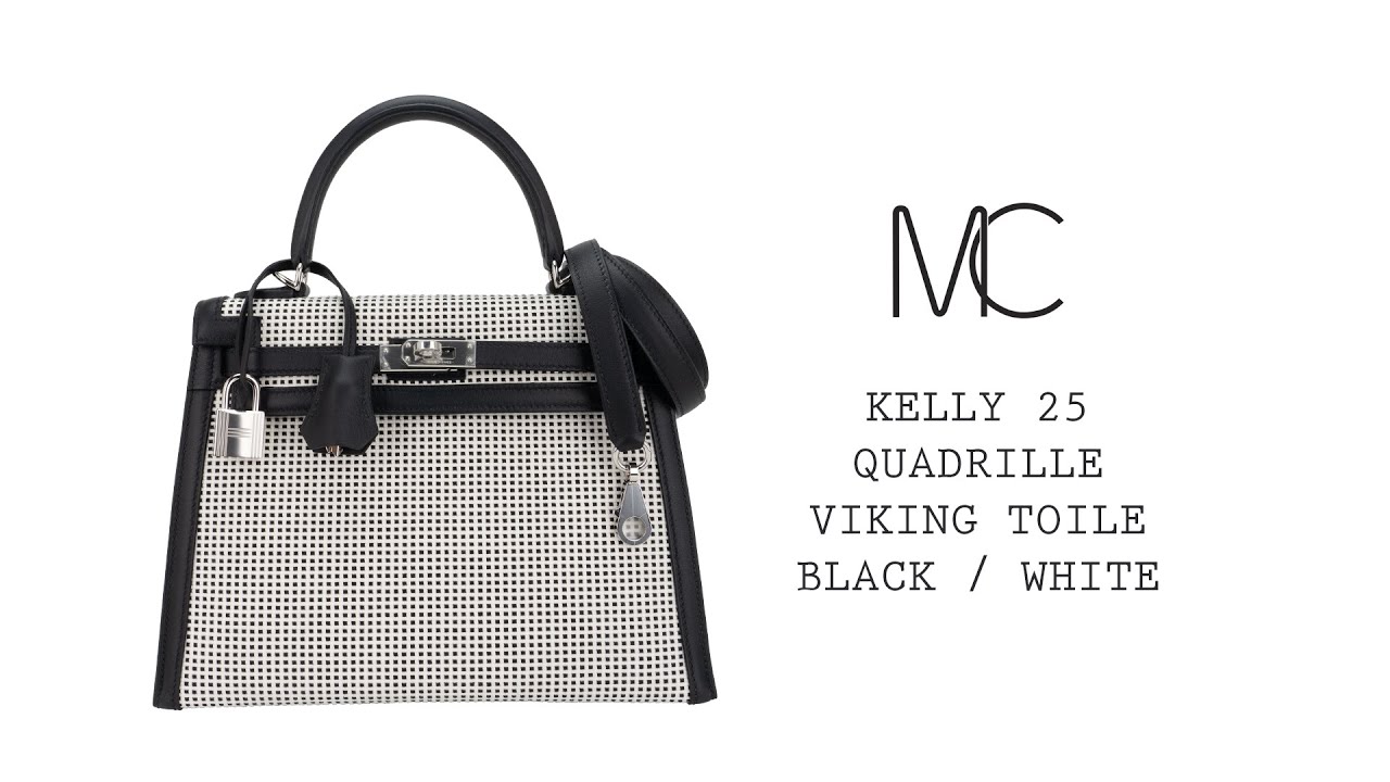 Reserved Hermes Kelly 25 Sellier, White and Black Toile with Caban Swift  with Palladium Hardware, New in Box WA001