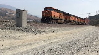 BNSF 5748 Leads Northbound Double stack train Meets BNSF intermodal train passes through Blue cut CA