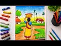 Working Women Scenery Drawing 👩‍🌾 | Easy Village Scenery for Beginners | Easy drawing 