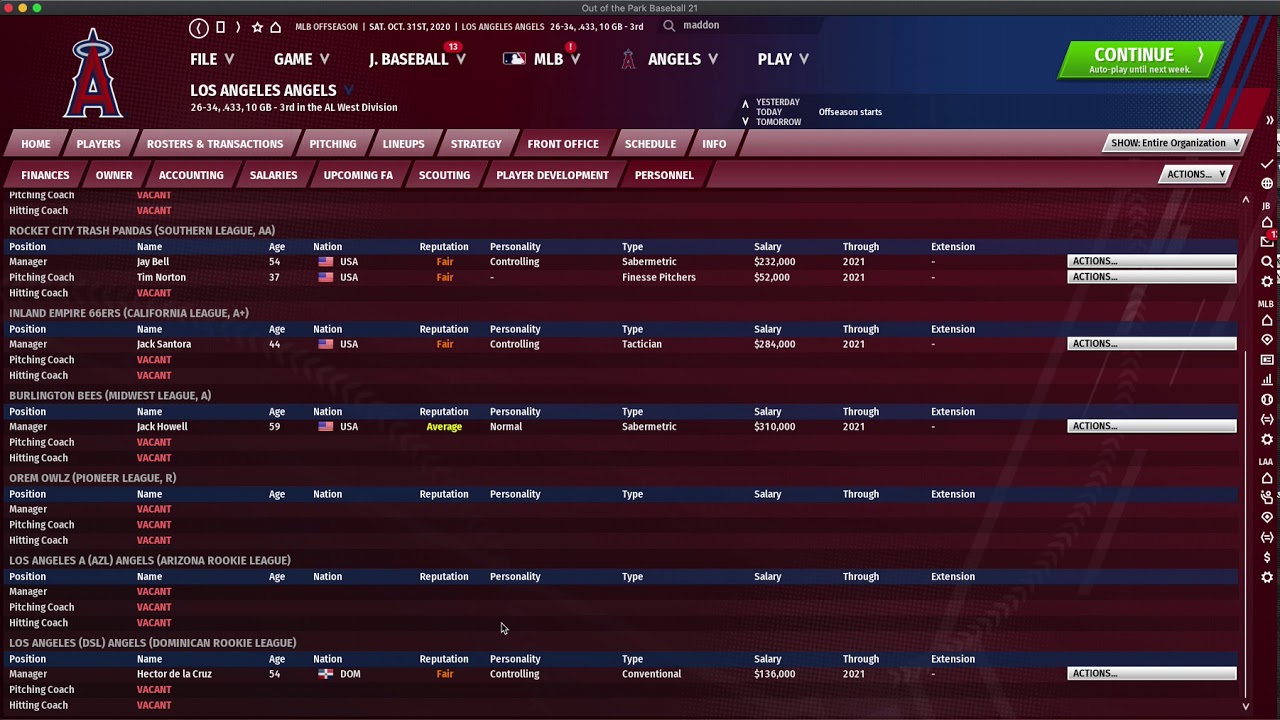 OOTP Baseball 21 - Angels - Arbitration, Pending Free Agents, & Protection List for Expansion Draft