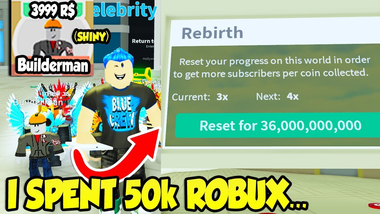 Spending 50k Robux On Shiny Builderman In Fame Simulator Rebirth Update Roblox Youtube - roblox builderman image id