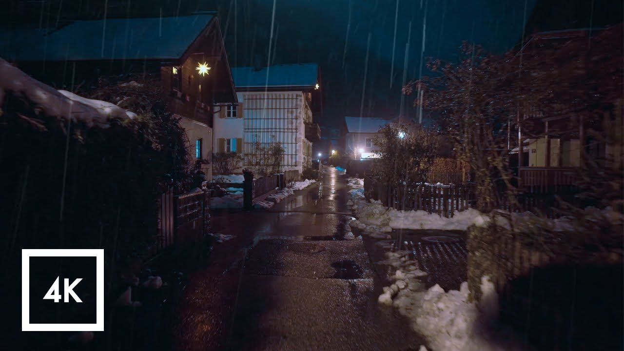 Rainy Night Walk in Hallstatt, Austria, Relaxing Binaural Rain Sounds