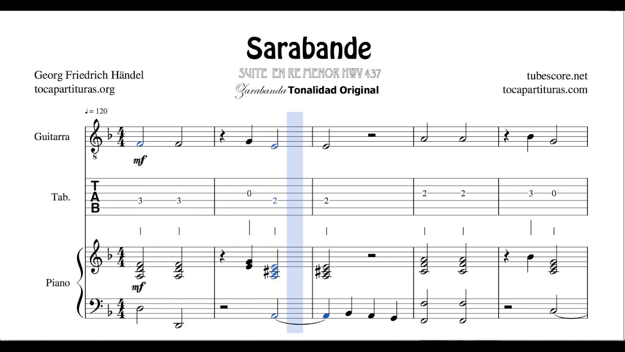 Sarabande Partitura y Partitura del Dúo de Guitarra y Piano Melodía +  Acompañamiento Haendel - YouTube