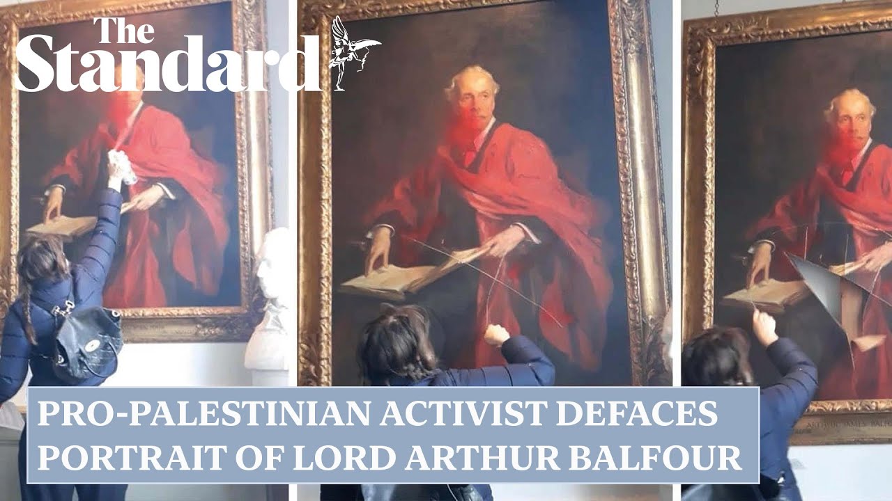 Pro-Palestine activist slashes and sprays paint on portrait of politician who paved way for Israel