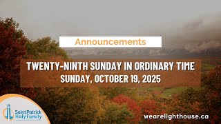 Announcements - 29th Sunday of Ordinary Time - October 19, 2025