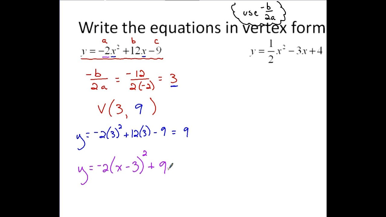 Algebra Converting To Vertex Form Using B 2a Youtube