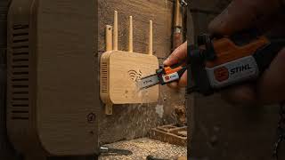 Mini Chainsaw Cutting a Wooden WiFi Router 📶 #MiniChainsaw #asmr #minitools  #woodrouter #tinytools
