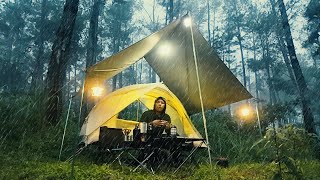 🏕️ SOLO CAMPING in heavy RAIN with floating tent, bonfire (RAIN ASMR)
