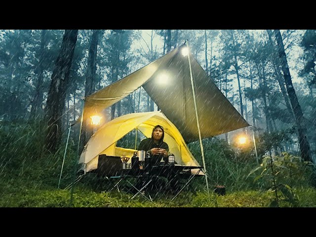 🏕️ SOLO CAMPING in heavy RAIN with floating tent, bonfire (RAIN ASMR) class=