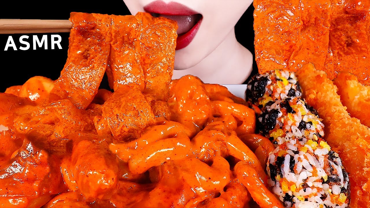 ASMR ROSE NOODLE TTEOKBOKKI, WIDE GLASS NOODLE 꾸덕 배떡 로제떡볶이,중국당면,새우튀김,날치알주먹밥 EATING SOUNDS MUKBANG먹방