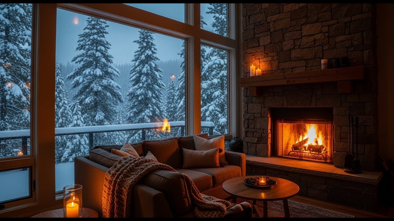 Cozy Winter Cabin Ambience – Snowstorm, Fireplace Crackling & Wind ...