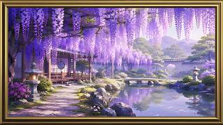 Silent Watercolor Art: Wisteria, Bridge & Lake in a Classical European Frame (4K) screenshot 5
