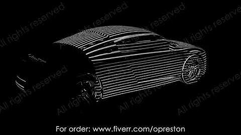 Rotating car with flying lines. 3D vehicle with moving line texture. VJ loop video. VFX effects.