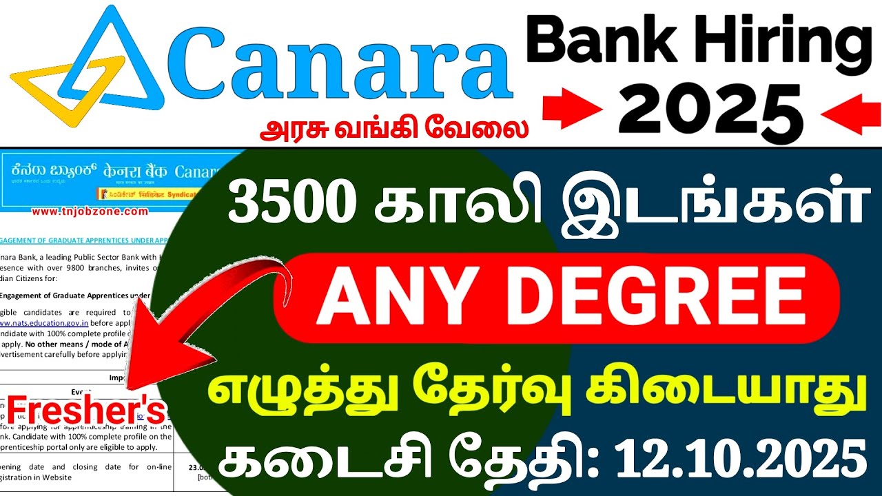 Canara Bank Recruitment 2025 TAMIL 🔥 | 3500 Vacancies | GOVT Bank Jobs 2025 | Apply Online | No Exam