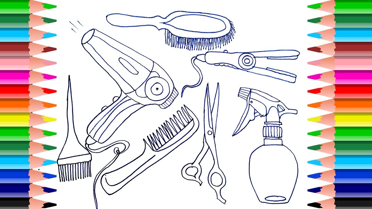 Download How to Draw Accessories for Hair | Coloring Pages Set Barber | Comb, Hairdryer, Brush, Scissors ...