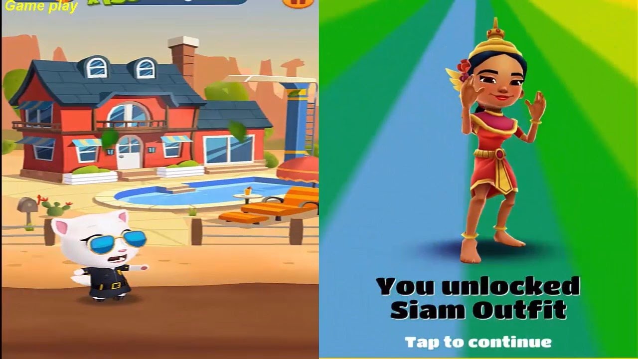 Talking Tom Gold Run VS  Subway Surfers Bangkok  AGENT ANGELA vs Noon Siam Outfit Gameplay HD