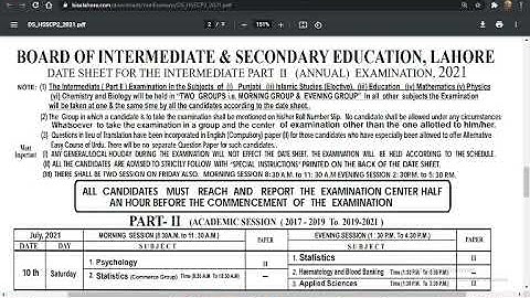 Date Sheet of Intermediate Part-II  Annual Examinations 2021 Lahore board | Get Corrected