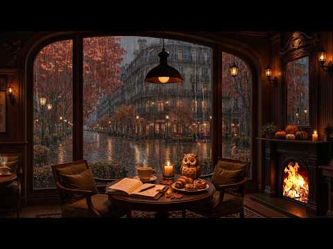 Cozy Rainy Autumn Café Jazz 🍂☕ Fireplace Ambience for Reading, Study & Relax