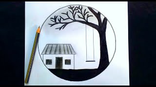 How to draw a village scenery with moonlight | drawing for beginners | pencil sketch || step by step