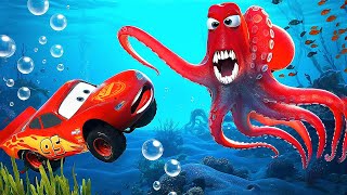 LIGHTNING MCQUEEN vs BIG OCTOPUS on the OCEAN FLOOR! King Dinoco save him? Underwater Pixar Cars