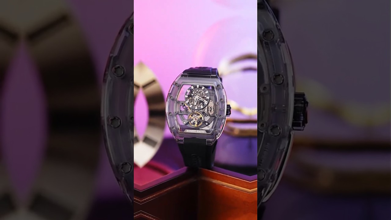 BONEST GATTI Tonneau K9 Crystal Case Skeleton Automatic Watch Fluororubber Strap Luminous BG9960