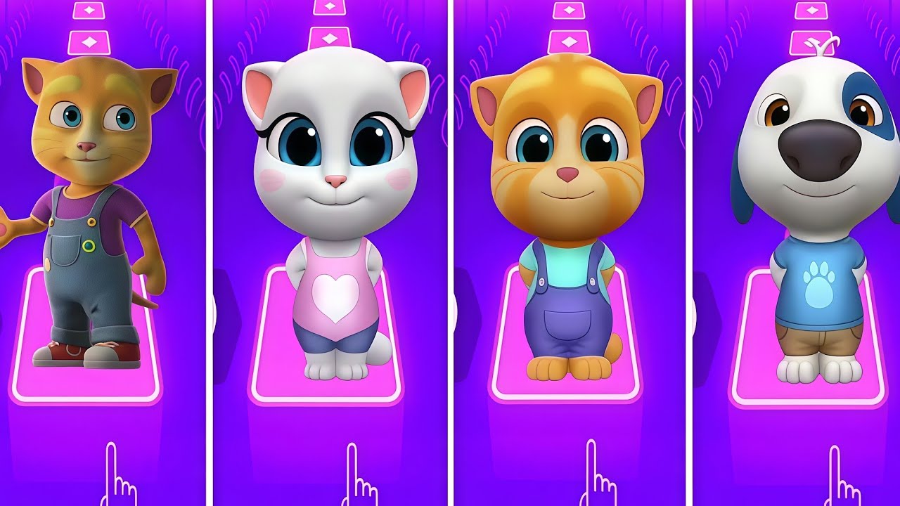 Talking Tom and friends Tom vs Angela vs Ben vs Hunk in Tiles Hop Coffen banec