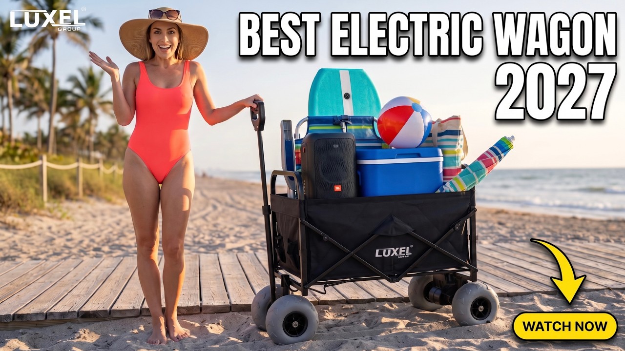 LUXEL electric beach wagon loaded with a speaker, cooler and beach gear beside a family enjoying the beach.