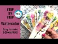 (PART 1) Easy WATERCOLOR bookmarks -STEP BY STEP tutorial with loose background and drawn ink FLOWER