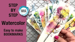 (PART 1) Easy WATERCOLOR bookmarks STEP BY STEP tutorial with loose background and drawn ink FLOWER