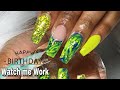 Acrylic Nails Neon Yellow &amp; Royal Blue Acrylic Marble with Glitter