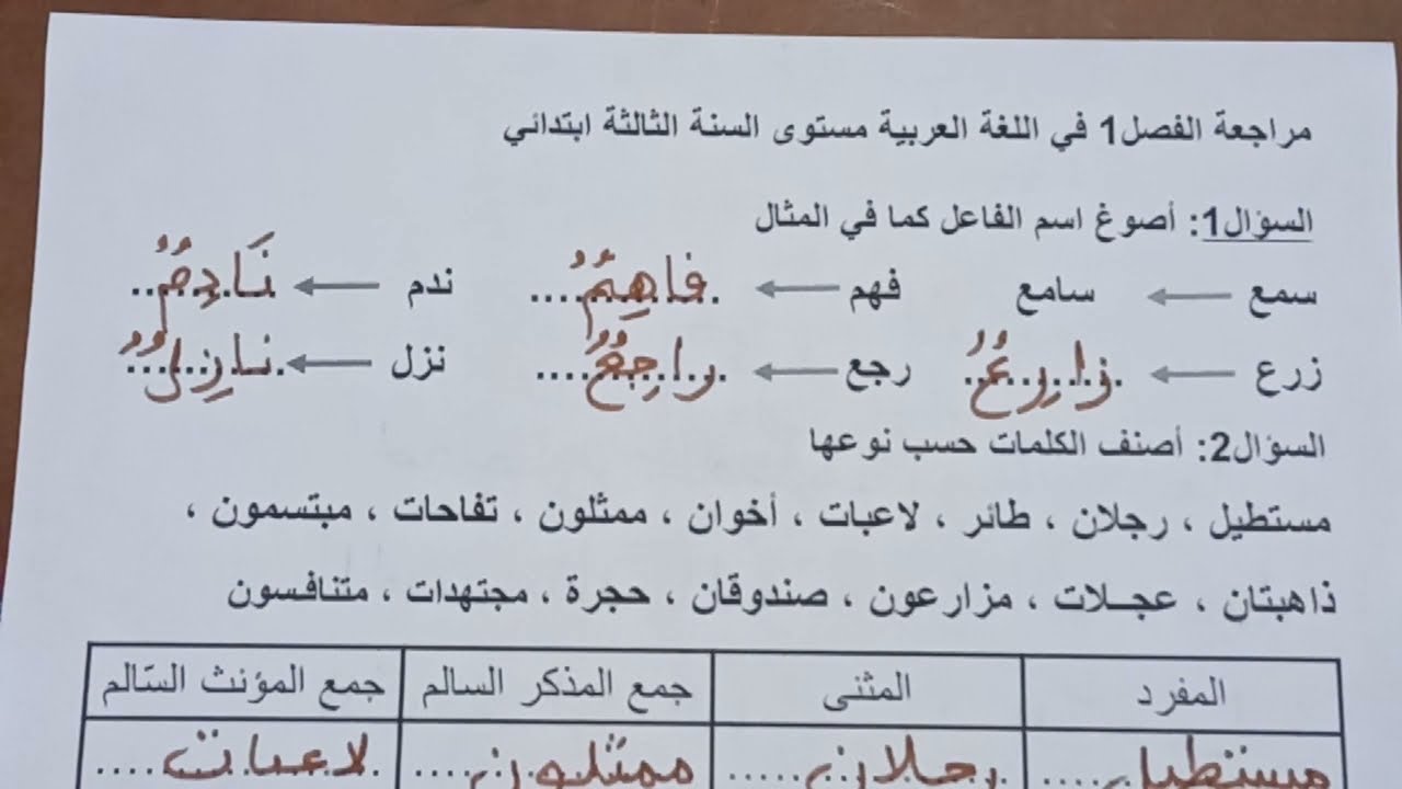 مراجعة في اللغة العربية السنة الثالثة ابتدائي