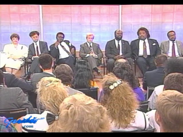 1990. Reverend Al Sharpton, Roy Innis, and panel discuss race problems in America