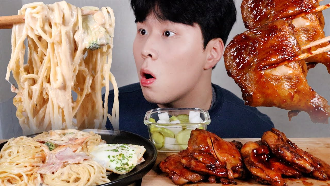 ASMR MUKBANG 매콤 크림파스타 & 자메이카통다리구이 먹방 ASMR CREAM PASTA & GRILLED CHICKEN MUKBANG EATING SOUND