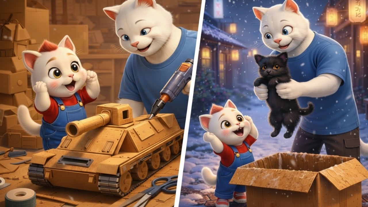 Father Cat & Kitten Build a Cardboard Tank to Rescue an Abandoned Puppy in the Snow 🐱❄️