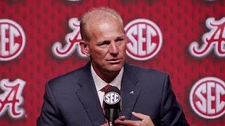 Alabama head coach Kalen DeBoer speaks at 2025 SEC Media Days